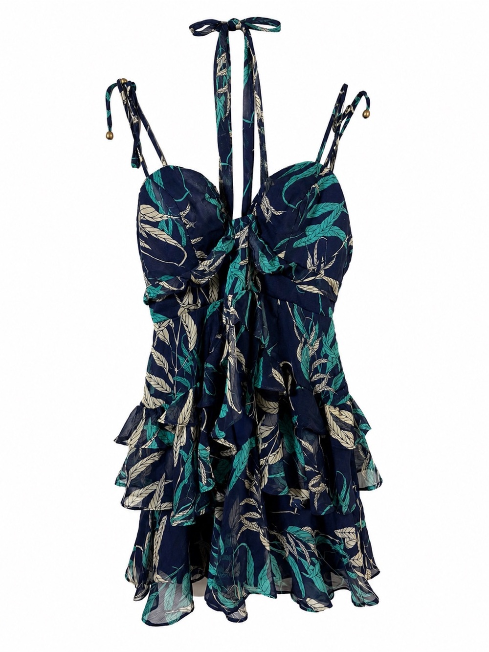 Saints + Secrets navy botanical print ruffle mini dress xs